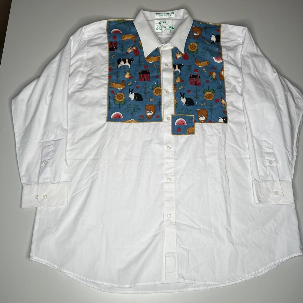 The Quacker Factory 3X White Button Down Shirt Farm Animal Patchwork Western Blo